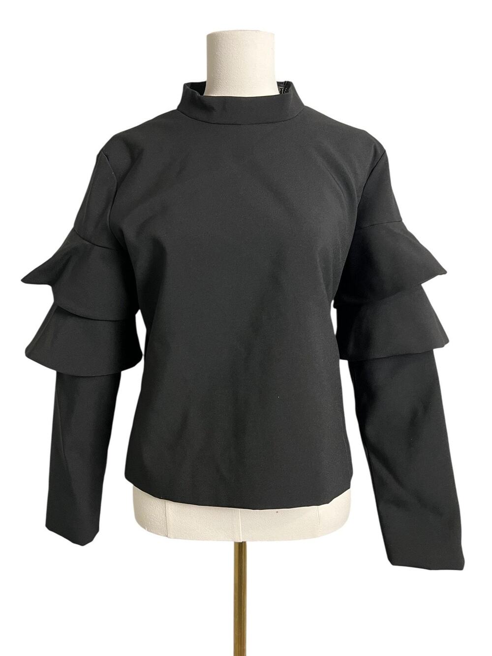 NOIRE Ruffle Bell Sleeve Mock Neck Blouse Womens XL Black Runway Dressy Top